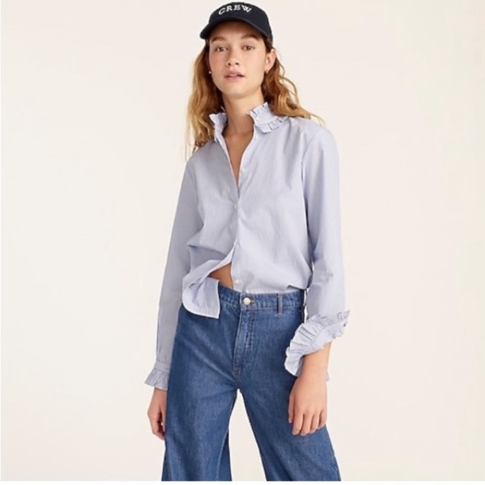 J. Crew Classic-Fit Ruffle Neck Blue White Stripe Button-Up Shirt